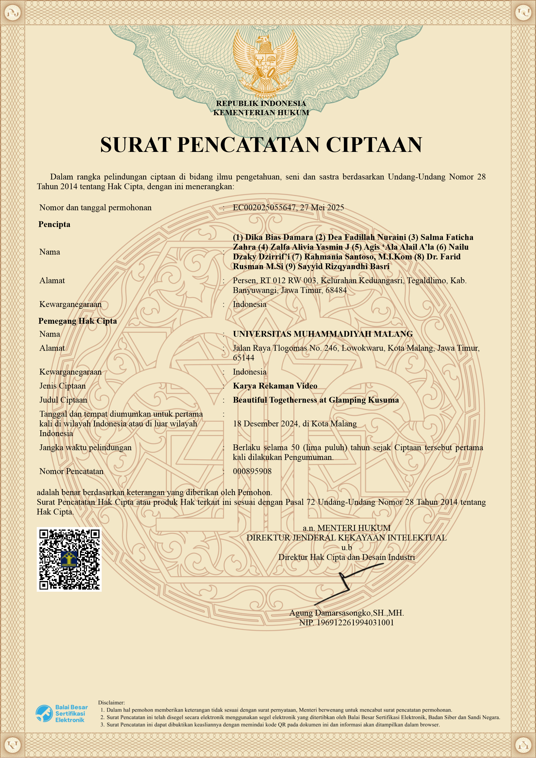 Sertifikat Hak Cipta Karya Rekaman Video